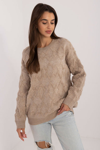 Elegant Women's Casual Sweater by AT featuring a luxurious varied knit texture, long sleeves, and a classic round neckline for sophisticated everyday wear.