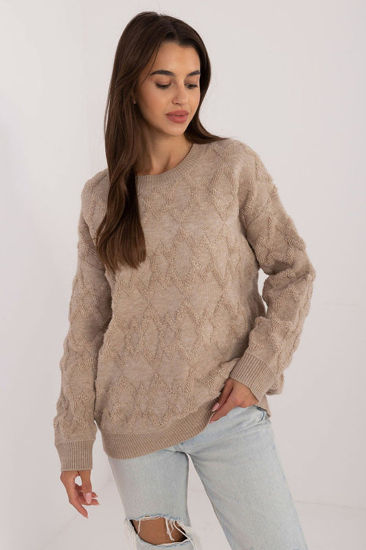 Elegant Women's Casual Sweater by AT featuring a luxurious varied knit texture, long sleeves, and a classic round neckline for sophisticated everyday wear.
