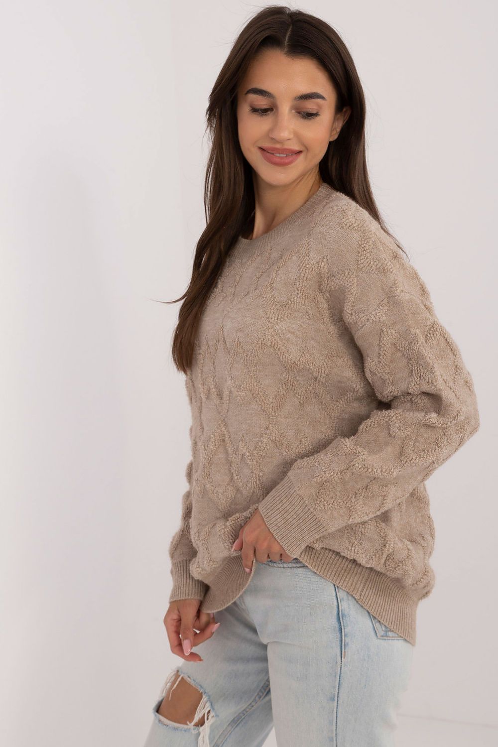 Close-up of the intricate knit texture on an Elegant Women's Casual Sweater by AT, highlighting the blend of acrylic, nylon, and polyester for comfort and style.