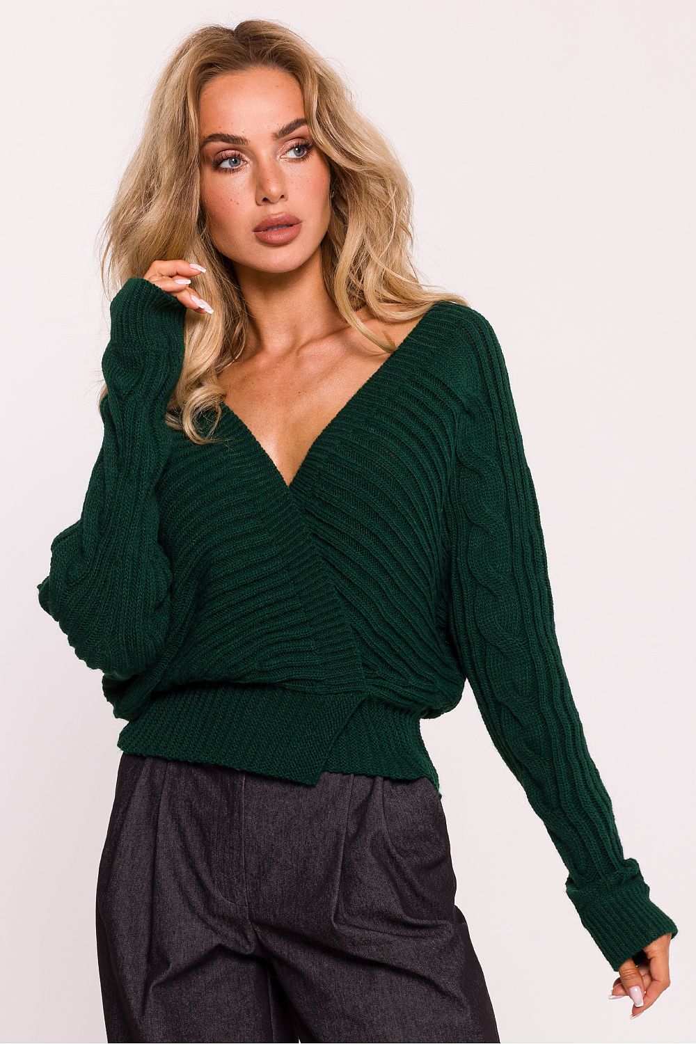 Elegant Striped Knit Wrap-Over Jumper for Women by Moe, featuring a deep neckline and luxurious striped design.
