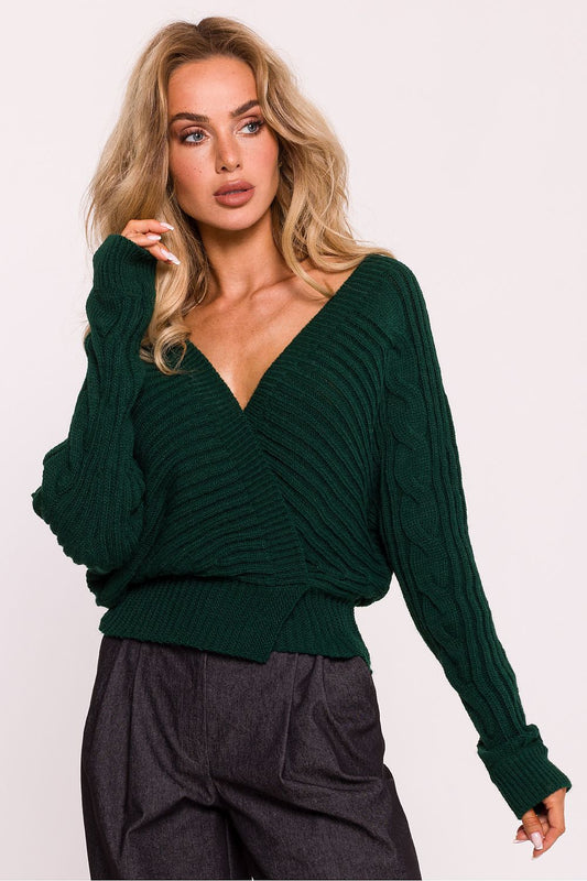 Elegant Striped Knit Wrap-Over Jumper for Women by Moe, featuring a deep neckline and luxurious striped design.