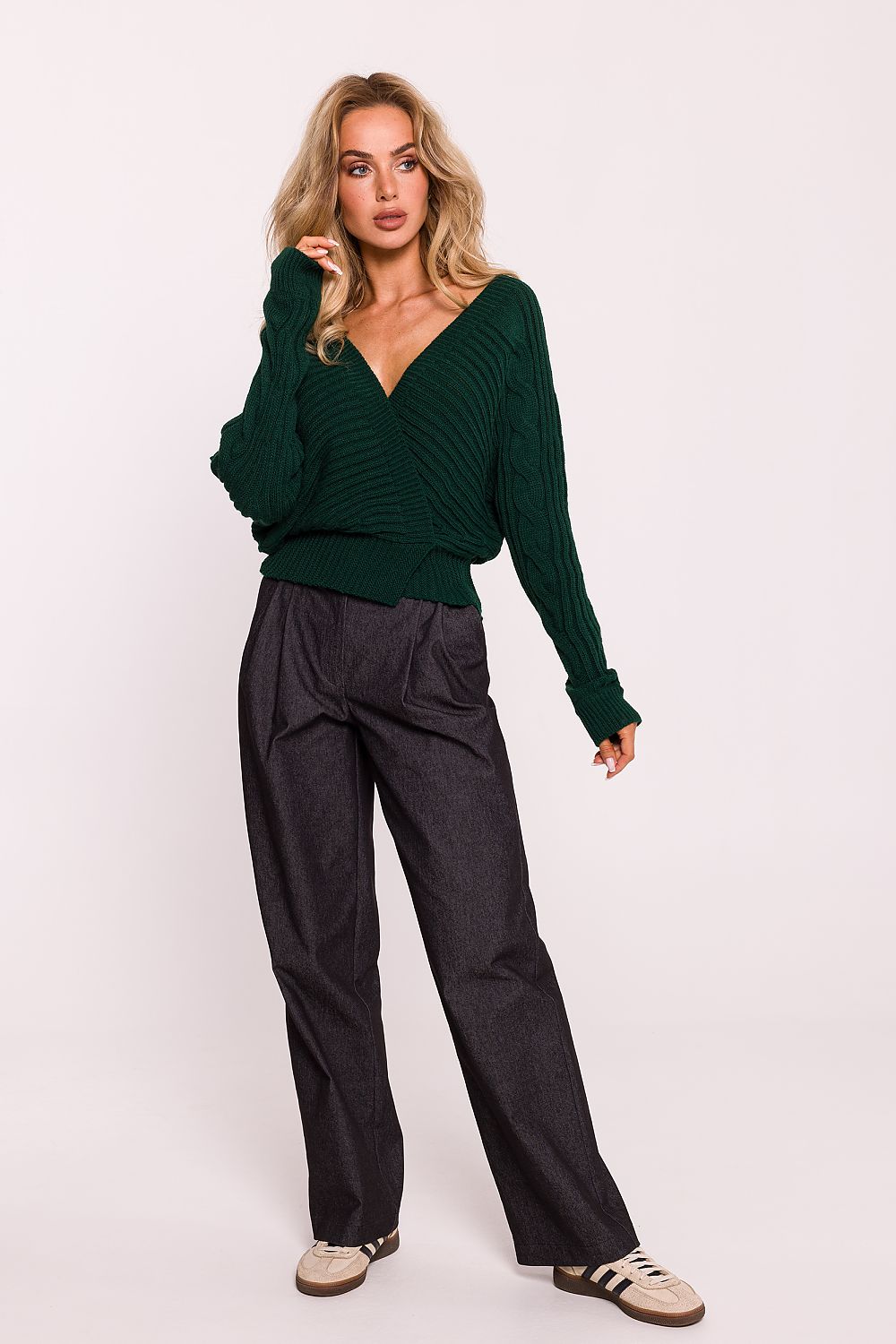 Sophisticated deep neckline women's jumper by Moe, made from premium striped knit fabric, perfect for any occasion.