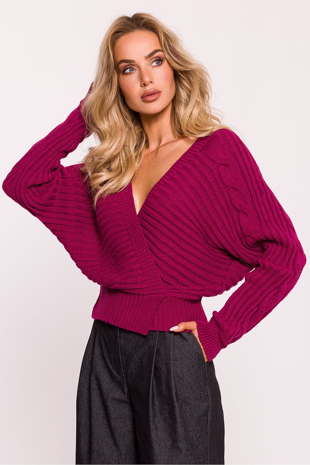 Elegant striped knit wrap-over jumper for women by Moe, featuring a deep neckline and sophisticated design, perfect for stylish everyday wear.