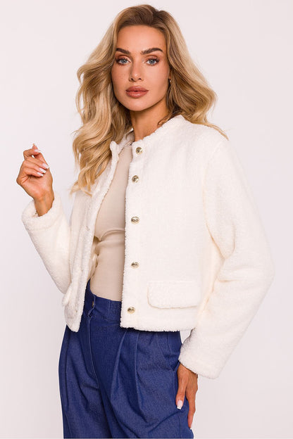 Elegant women's teddy bear fabric sweatshirt by Moe, featuring luxurious gold buttons and a stylish design perfect for everyday chic outfits.