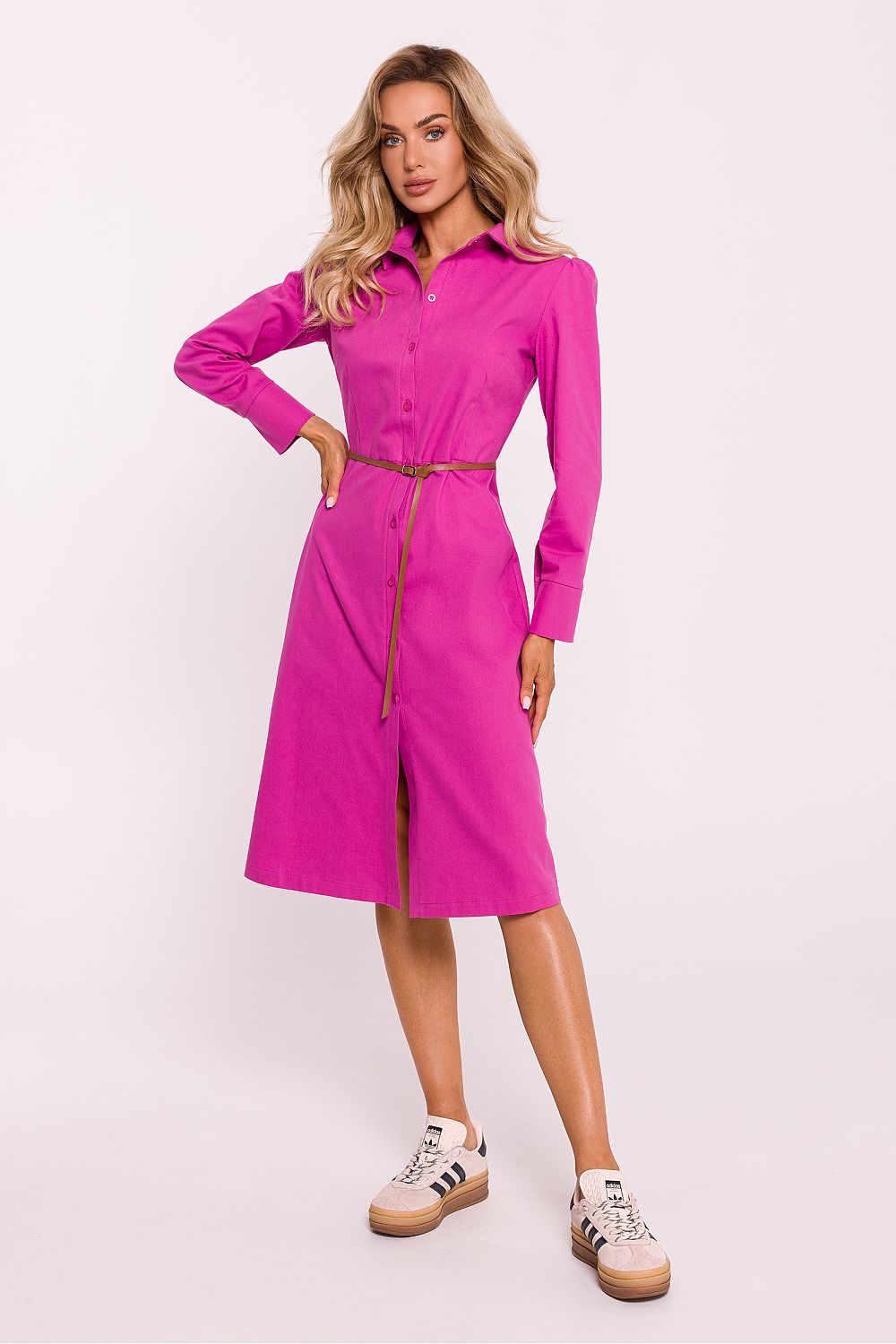 Elegant shirt-style cotton daydress from Moe, showcasing a classic collar and belted silhouette for a luxurious look.