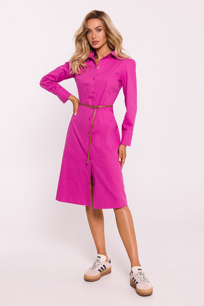 Elegant shirt-style cotton daydress from Moe, showcasing a classic collar and belted silhouette for a luxurious look.