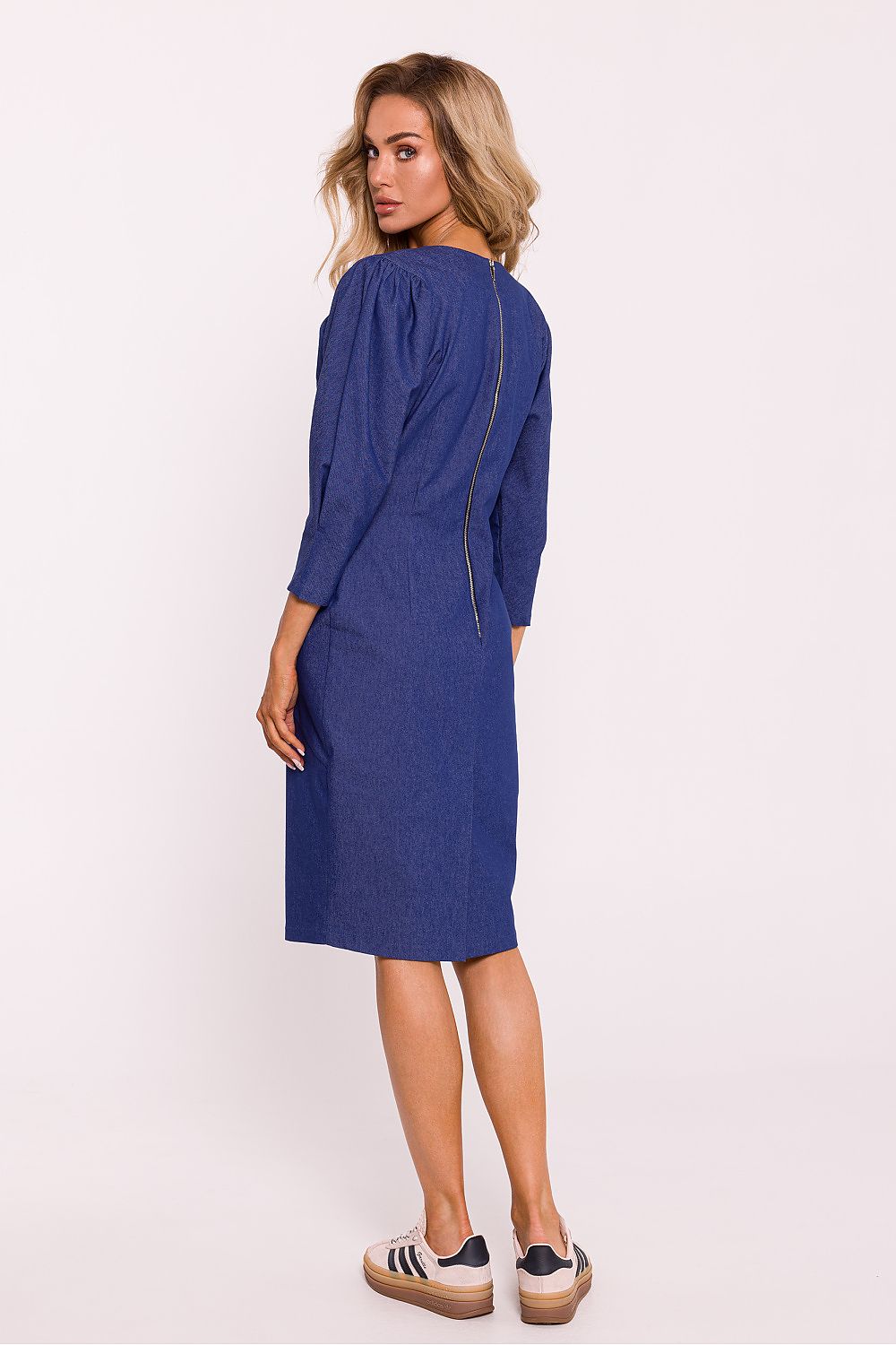 Elegant cotton pencil dress by Moe featuring geometric stitching, a stylish front slit, and chic puff sleeves suitable for luxurious occasions.