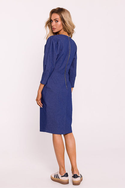 Elegant cotton pencil dress by Moe featuring geometric stitching, a stylish front slit, and chic puff sleeves suitable for luxurious occasions.