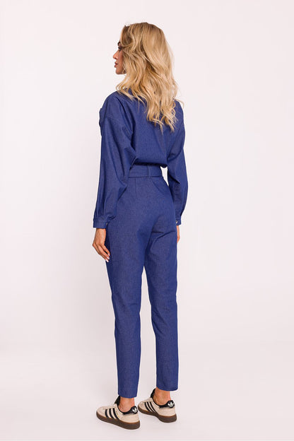 Close-up view of Moe's Elegant Women's Cotton Jumpsuit showcasing the adjustable snap-fastened belt and refined tapered legs.