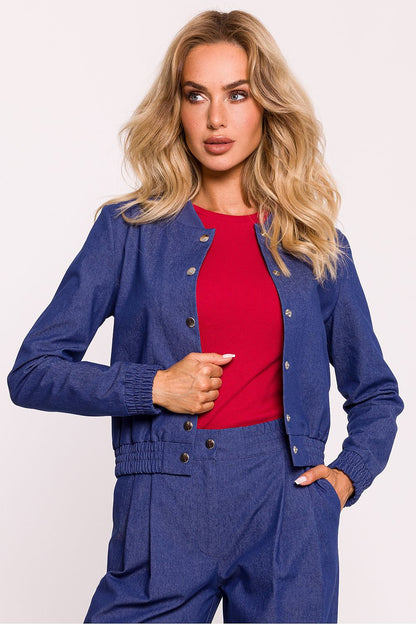 Chic women's cotton bomber jacket by Moe, emphasising a contemporary design with an elastic hem and sporty ribbed collar.