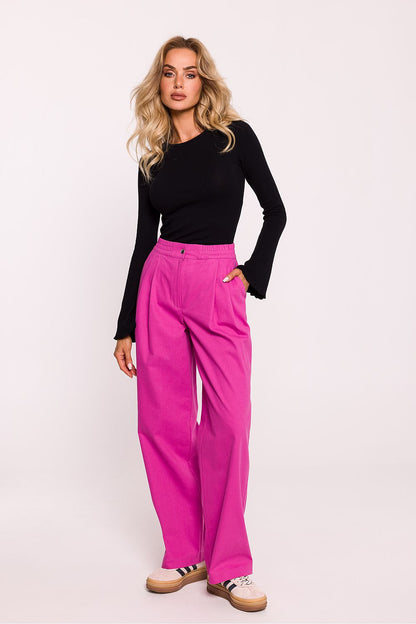 Elegant wide-leg women's trousers by Moe, crafted from high-quality cotton, featuring darts and side pockets for a luxurious look and feel.