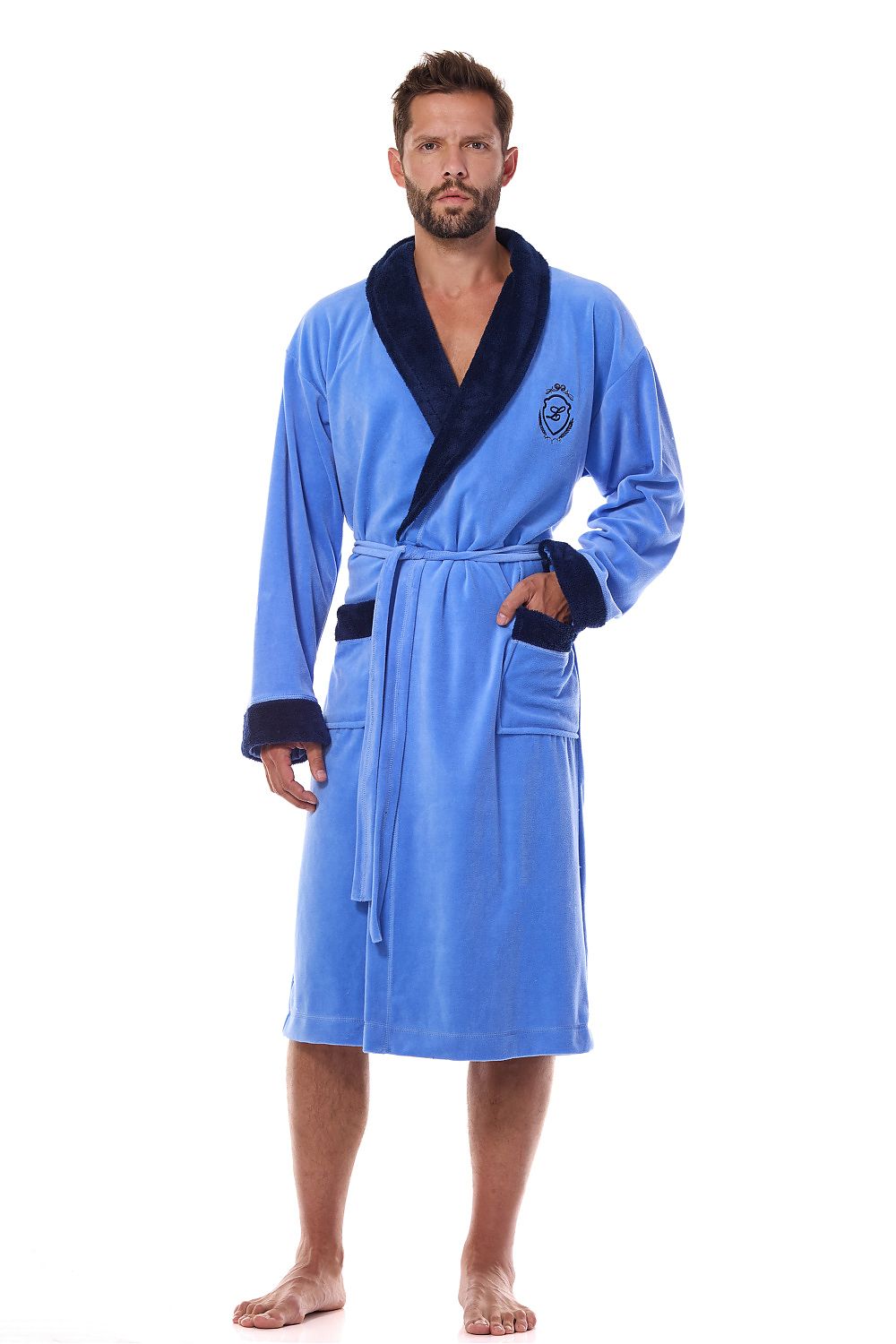 Luxurious men's bathrobe by L&L collection featuring elegant embroidery and a smooth, shiny cotton blend fabric.