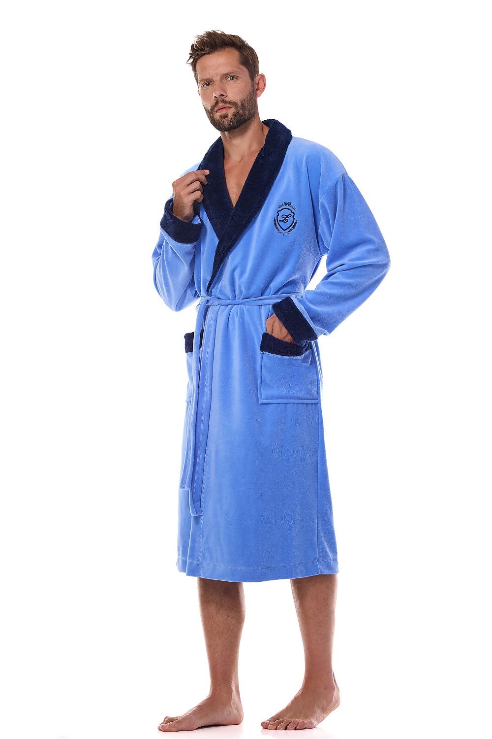 Stylish men's cotton blend bathrobe by L&L collection showcasing a classic collar and practical pockets.