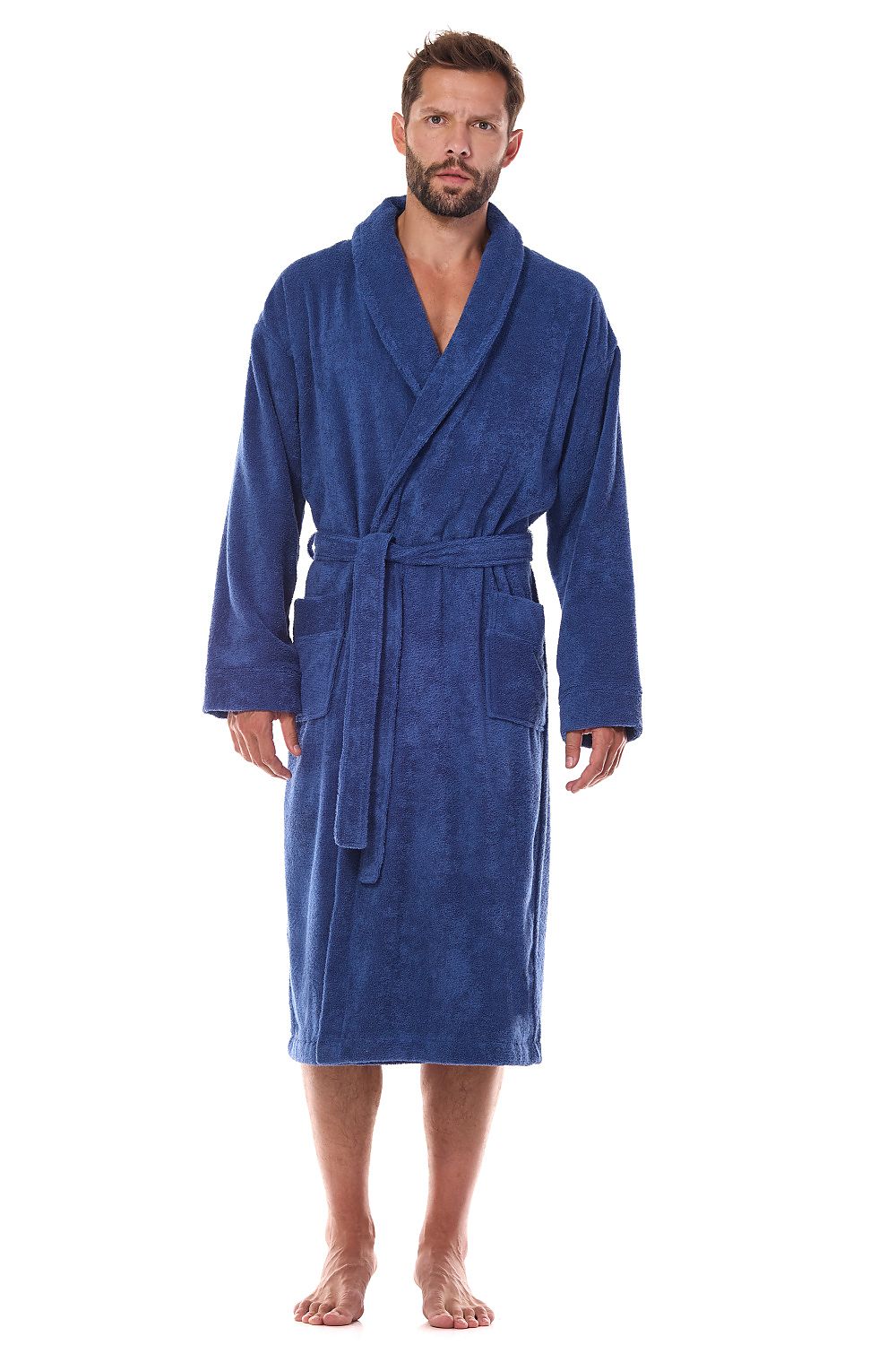 Luxury men's cotton bathrobe by L&L Collection, featuring soft, breathable fabric and elegant design, perfect for home relaxation.