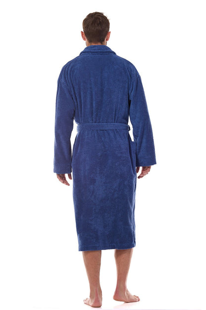 L&L Collection men's bathrobe on a model, illustrating a comfortable fit with practical pockets and stylish belt tie.