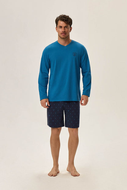Luxury men's cotton knit jog pajamas set by Henderson featuring a stylish V-neck shirt in soft fabric.