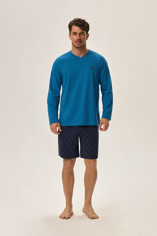 Luxury men's cotton knit jog pajamas set by Henderson featuring a stylish V-neck shirt in soft fabric.