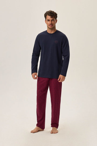 Luxury Henderson Hope Men's Two-Tone Cotton Pyjama Set featuring a navy blue long-sleeve shirt and ankle-length pants for perfect comfort and style.