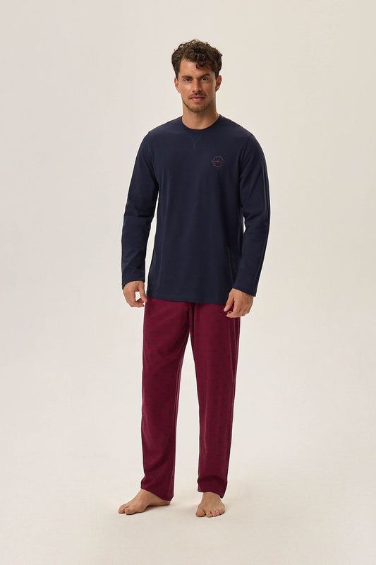 Luxury Henderson Hope Men's Two-Tone Cotton Pyjama Set featuring a navy blue long-sleeve shirt and ankle-length pants for perfect comfort and style.