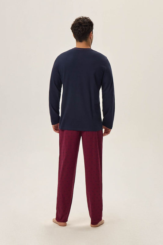 Close-up view of Henderson Hope Men's Two-Tone Cotton Pyjama Set showcasing soft cotton fabric and decorative motif, ideal for restful nights.