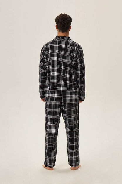 Stylish close-up of Henderson Men's HONOR 2 Cotton Pyjamas, highlighting the elegant black checkered pattern and soft 100% cotton fabric for a premium sleep experience.