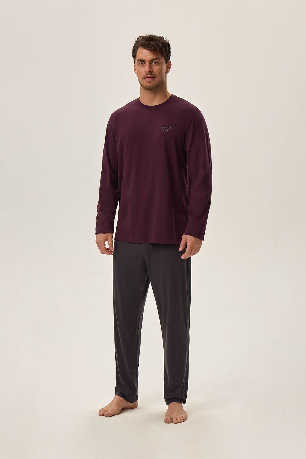 Luxurious burgundy cotton pajama set by Henderson, designed for unmatched warmth and comfort, featuring long sleeves and legs for autumn and winter nights.