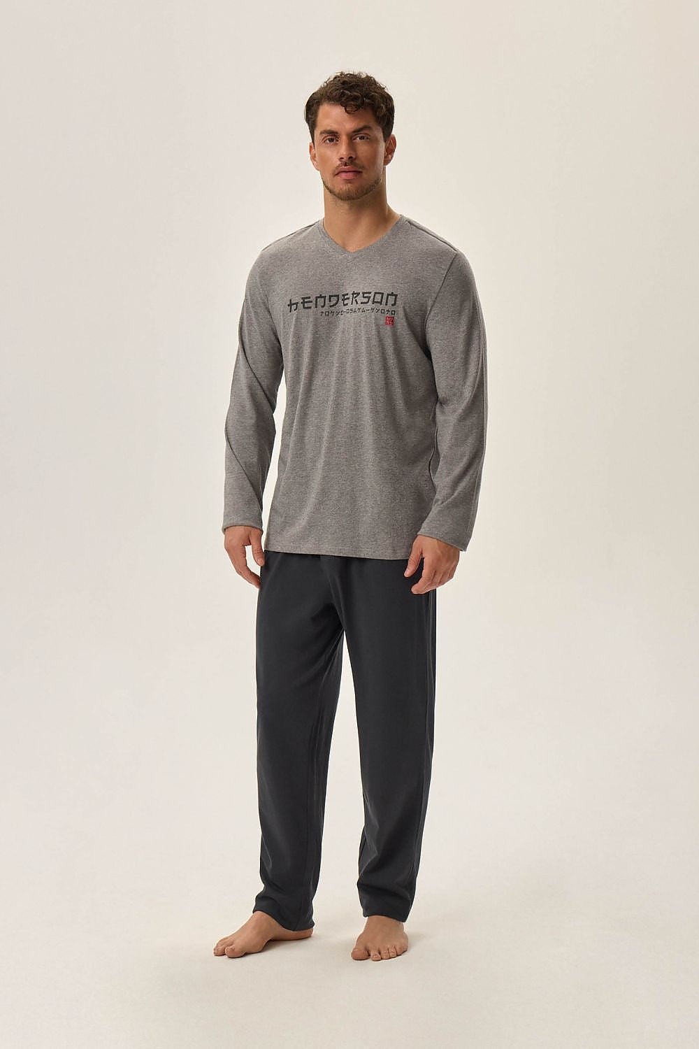 Luxury Henderson Men's Japan Cotton Pajamas Set in Classic Grey, featuring a soft long-sleeved shirt and comfortable ankle-length pants.