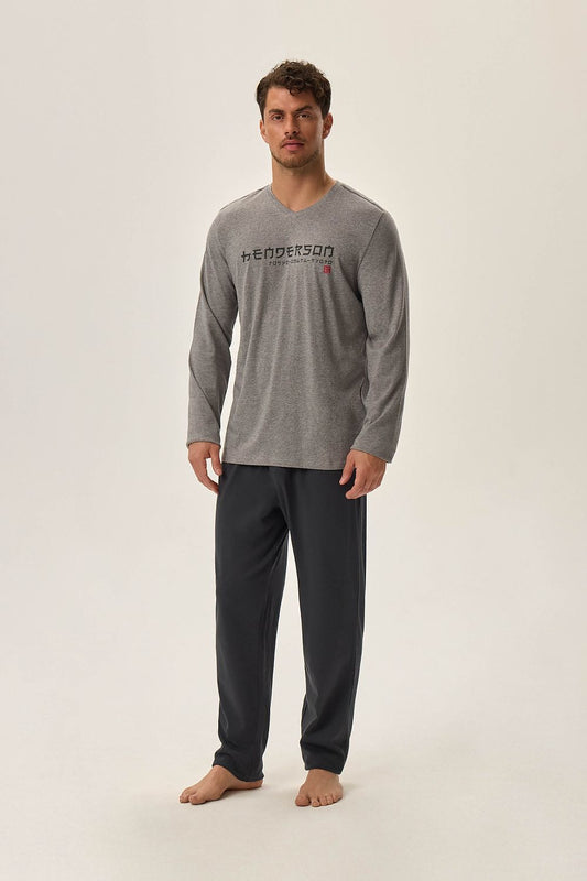 Luxury Henderson Men's Japan Cotton Pajamas Set in Classic Grey, featuring a soft long-sleeved shirt and comfortable ankle-length pants.