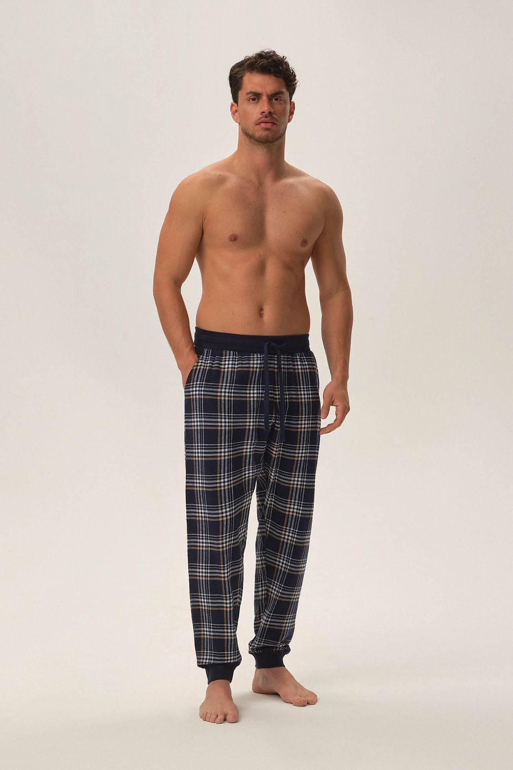 Luxurious Henderson Honor navy check cotton pyjama pants styled for ultimate comfort and sophistication, showcasing a classic design suitable for cooler nights.