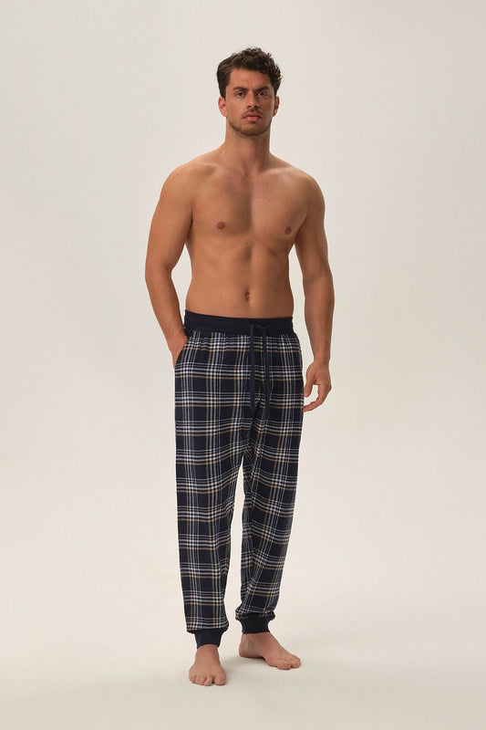 Luxurious Henderson Honor navy check cotton pyjama pants styled for ultimate comfort and sophistication, showcasing a classic design suitable for cooler nights.