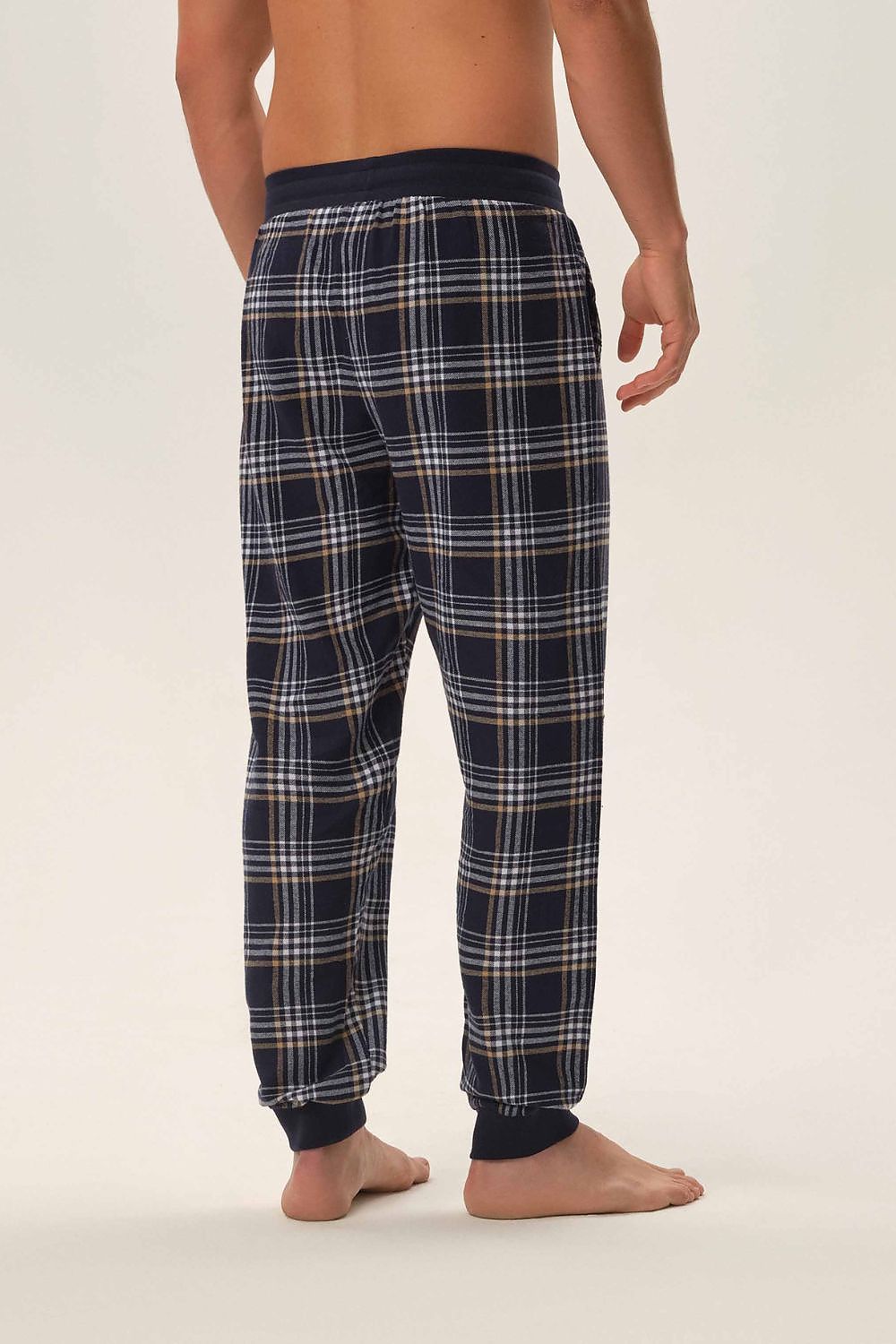Elegant Henderson Honor navy check cotton pyjama pants featuring comfortable cuffs and pockets, crafted from soft woven cotton for a premium sleep experience.