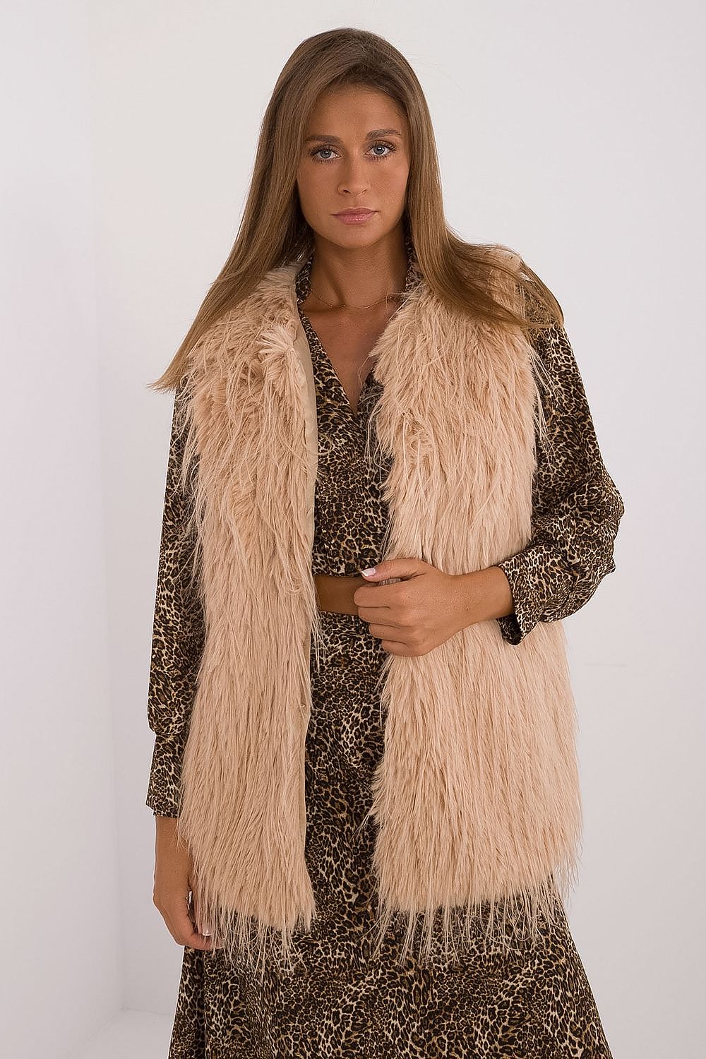 Elegant casual fur vest for women by AT, made of 100% polyester, featuring a stylish hook closure, ideal for layering on cooler days.
