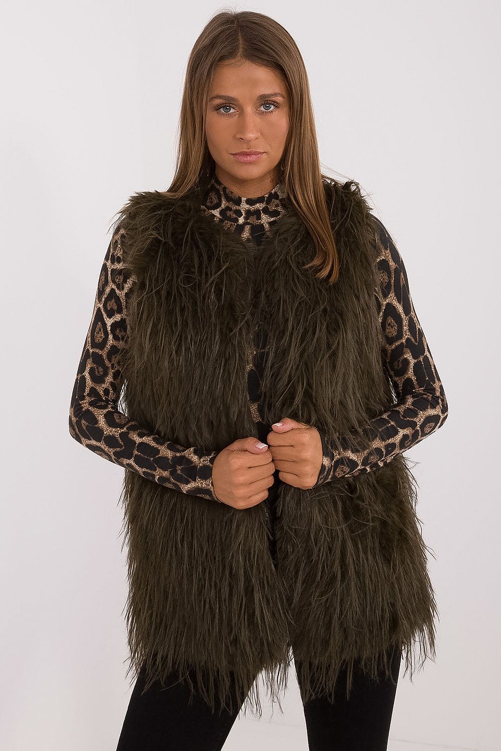 Elegant casual fur vest for women by AT, featuring luxurious 100% polyester fabric and a chic hook closure.