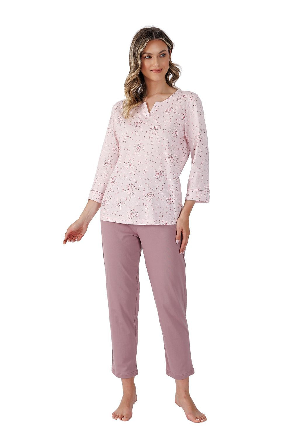 Elegant Women's Cotton Pyjama Set by M-Max, featuring 7/8 sleeves and pants, embodying classic comfort and refined style for luxurious lounging.