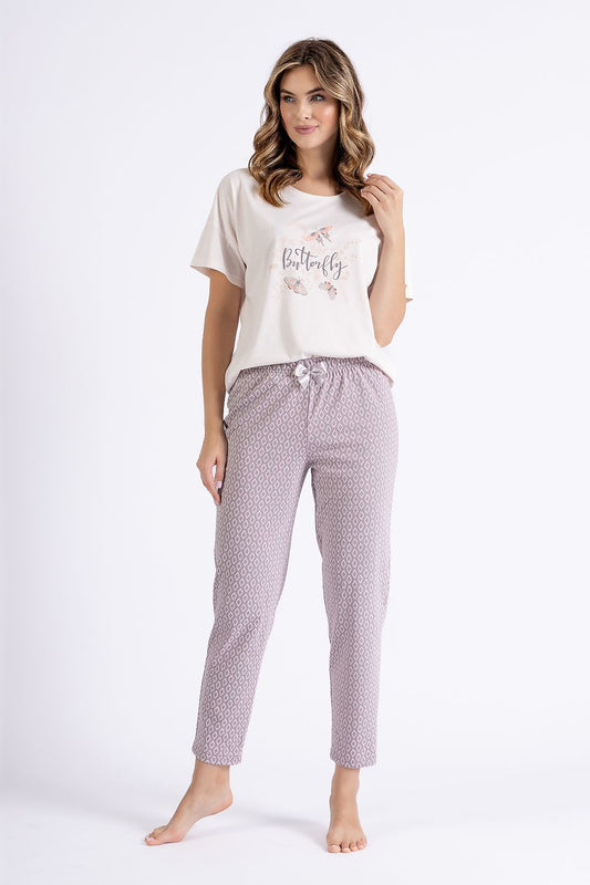 M-Max Women's Luxurious Cotton Pajamas Set featuring a stylish short sleeve top with a round neckline and elaborate slogan. The soft and breathable fabric offers comfort for nightly relaxation.