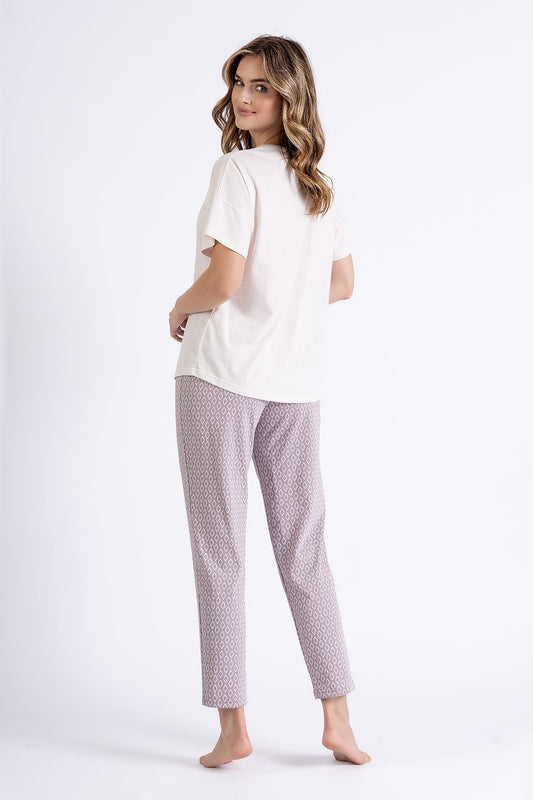 M-Max Women's 7/8 Printed Pants from the Luxurious Cotton Pajamas Set, showcasing a charming elastic waistband with decorative bow, designed for elegance and comfort.