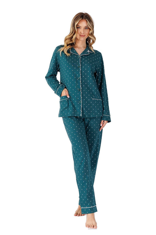 Elegant M-Max Women’s Cotton Pyjama Set featuring a stylish long-sleeve button-up shirt with classic piping and practical side pockets for comfort and convenience.