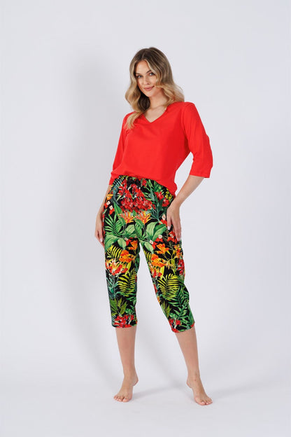 Elegant Women's M-Max Pajamas Set featuring a 3/4 sleeve V-neck blouse and stylish printed pants, perfect for luxurious nights of comfort and style.