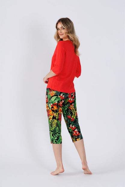 Luxurious M-Max Women's Pajamas Set featuring a stylish 3/4 sleeve V-neck blouse and fashionable printed pants, perfect for elegance and comfort.