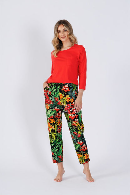 M-Max Women's Elegant Cotton Pyjamas Set featuring a stylish 7/8 sleeve top and fashionable printed pants for ultimate comfort and chic relaxation.