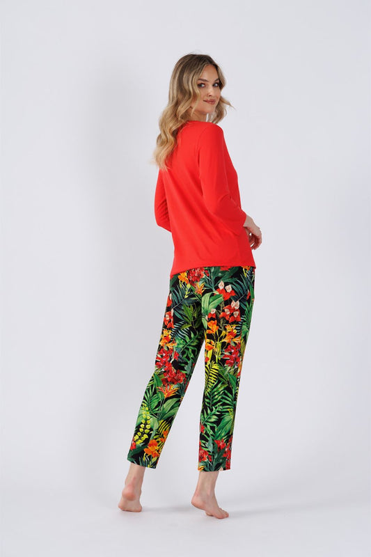Luxurious M-Max Women's Cotton Pyjamas Set showcasing a sophisticated design with delicate round neckline and elegant print on relaxed-fit trousers.