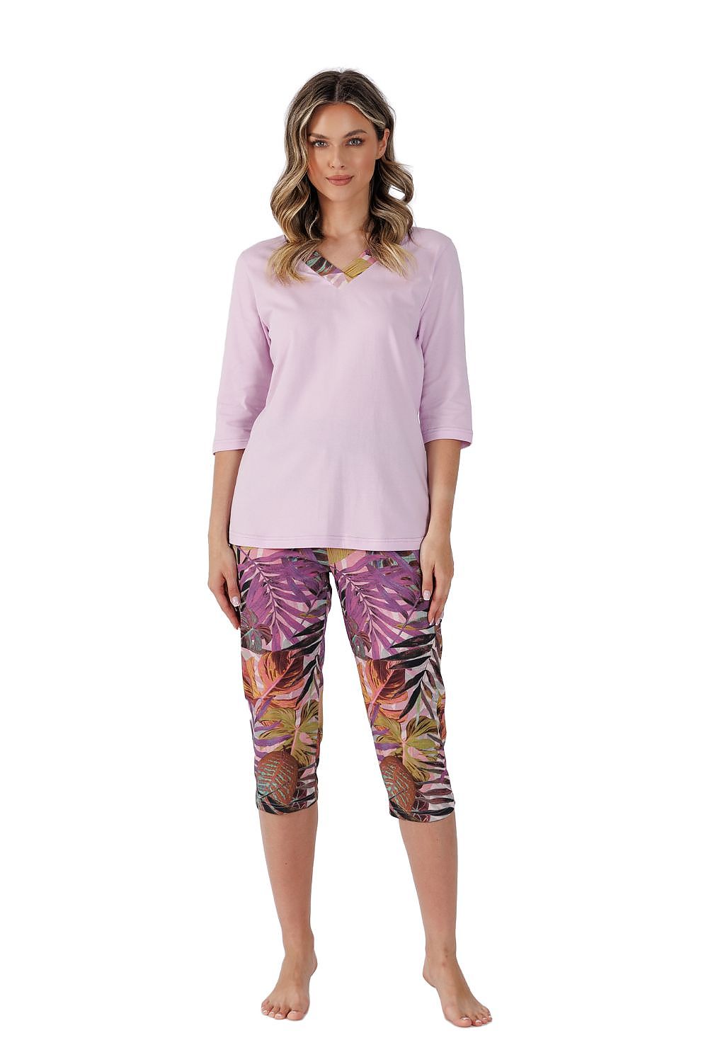 Elegant women's cotton pyjamas set by M-Max featuring a soft V-neck blouse with 3/4 sleeves and stylish printed pants, perfect for luxurious comfort during relaxing evenings.