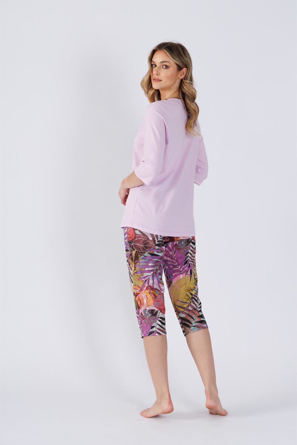 Close-up of M-Max elegant women's cotton pyjamas set, showcasing the intricate print of the pants and the refined design of the 3/4 sleeve blouse, epitomising luxury and comfort.