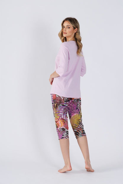 Close-up of M-Max elegant women's cotton pyjamas set, showcasing the intricate print of the pants and the refined design of the 3/4 sleeve blouse, epitomising luxury and comfort.