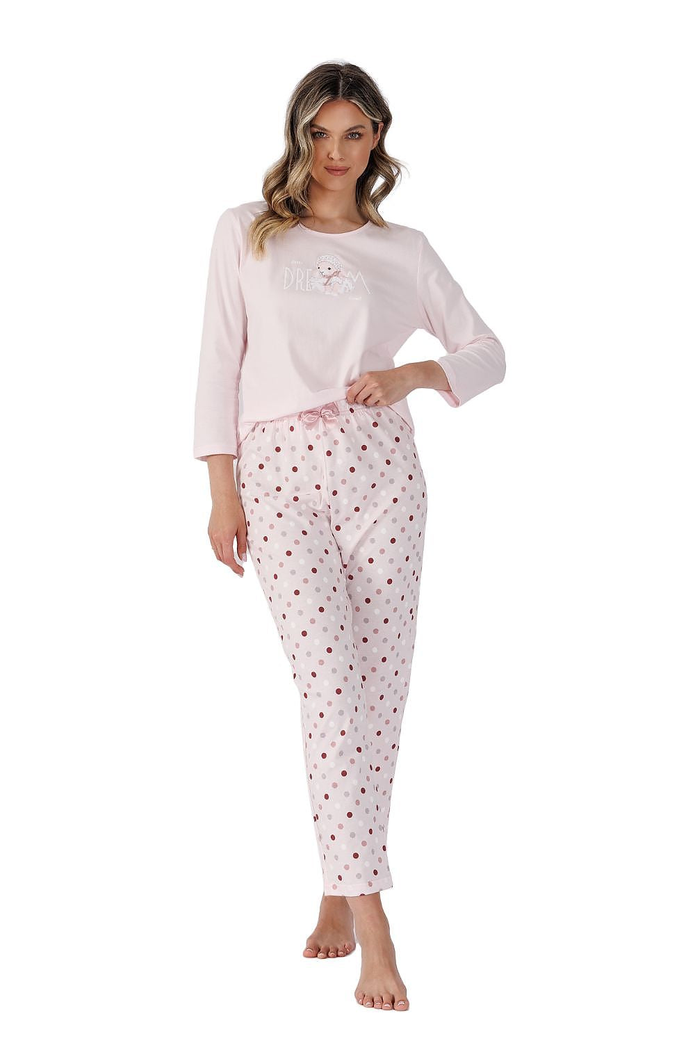 Luxurious M-Max Women's Cotton Pyjama Set featuring a stylish 3/4 sleeve blouse and elegant 7/8 pants in soft breathable fabric.