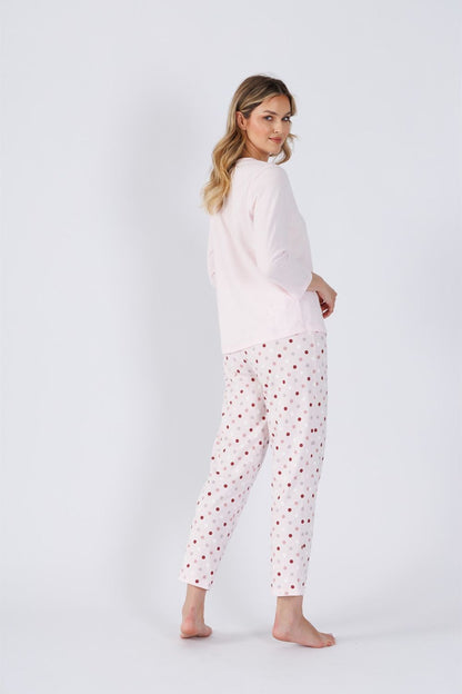 M-Max Women's Cotton Pyjama Set elegantly packaged, showcasing the romantic details of the blouse and pants, perfect for relaxation.