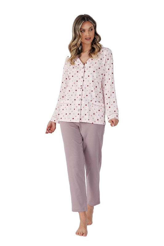 Elegant women's 100% cotton pajamas set by M-Max featuring a long-sleeved button-up shirt with refined piping and side pockets for convenience.