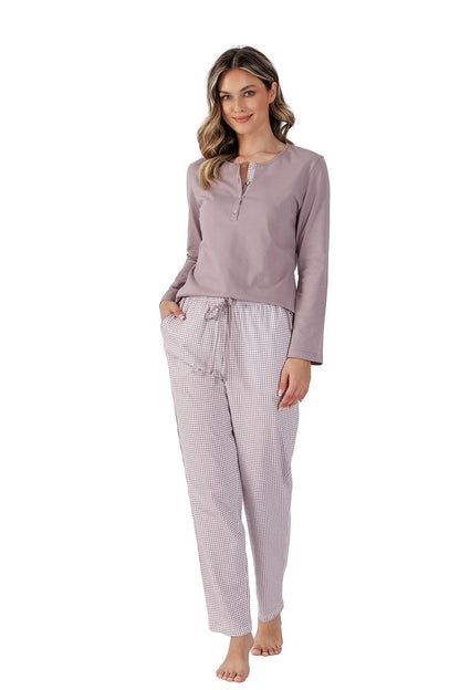 Elegant women's cotton pajamas set by M-Max featuring a buttoned blouse and comfortable fit pants, designed for ultimate relaxation and style.