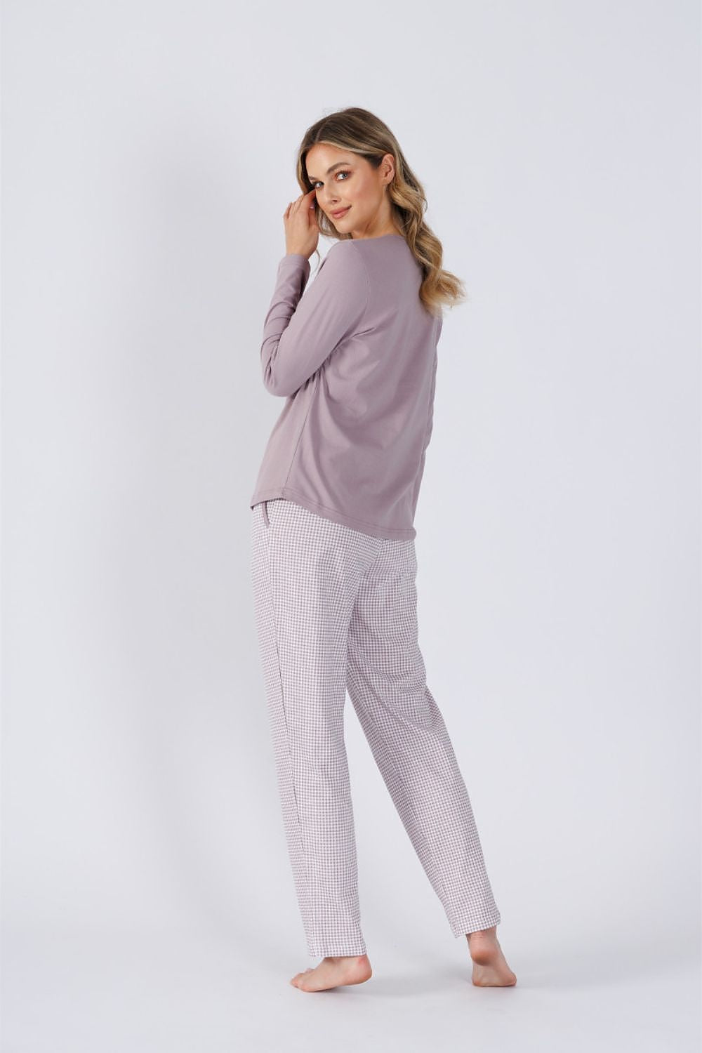 Elegant women's cotton pajamas set by M-Max featuring a buttoned blouse and comfortable fit pants, ideal for relaxation and luxurious sleep.