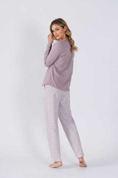 Elegant women's cotton pajamas set by M-Max featuring a buttoned blouse and comfortable fit pants, ideal for relaxation and luxurious sleep.
